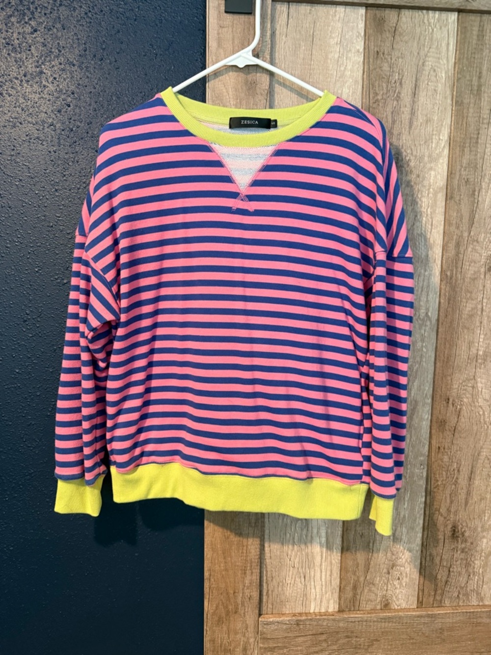 Zesica Pink & Navy Striped Sweatshirt with Yellow Trim